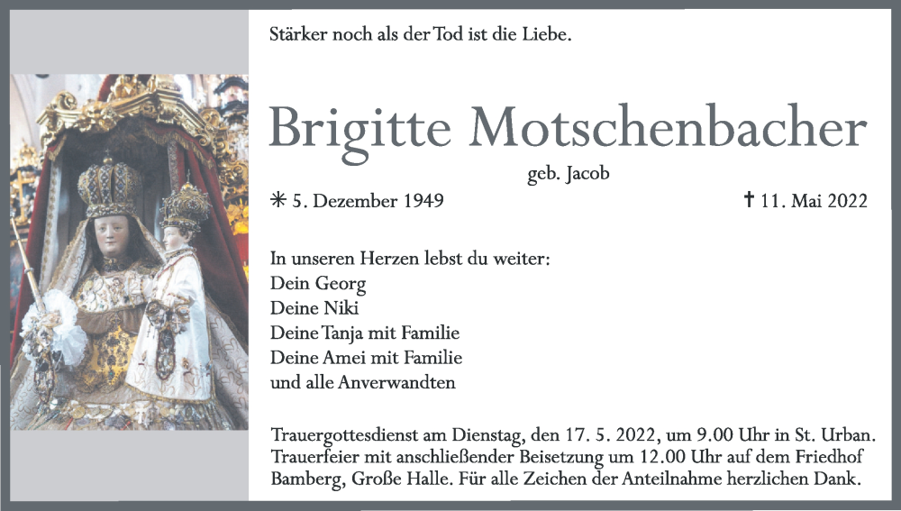  Traueranzeige für Brigitte Motschenbacher vom 14.05.2022 aus MGO