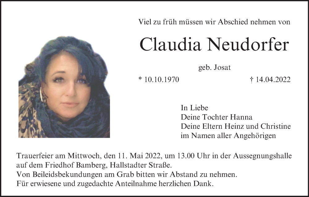  Traueranzeige für Claudia Neudorfer vom 07.05.2022 aus MGO