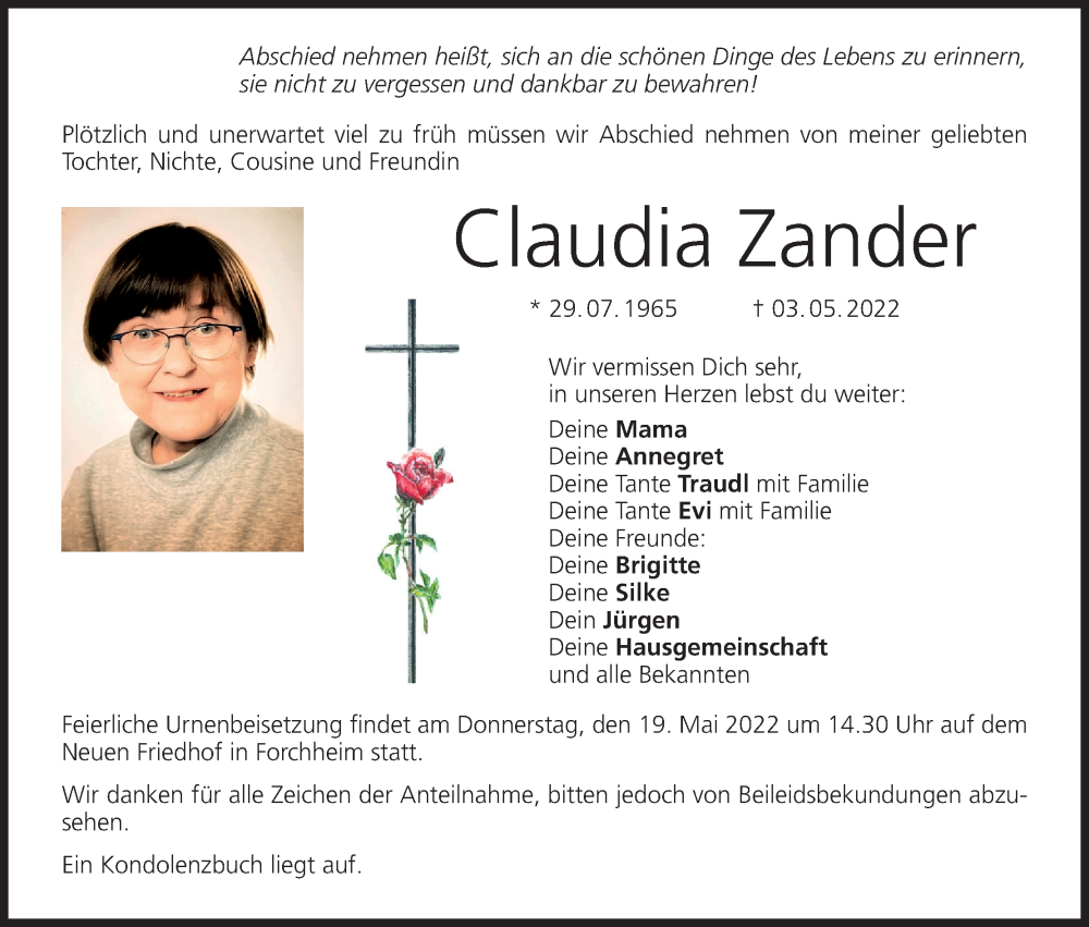  Traueranzeige für Claudia Zander vom 14.05.2022 aus MGO