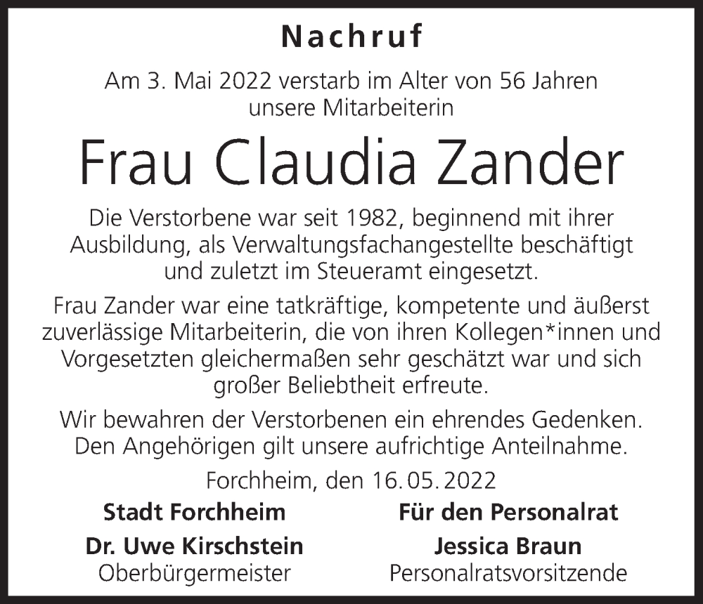  Traueranzeige für Claudia Zander vom 18.05.2022 aus MGO