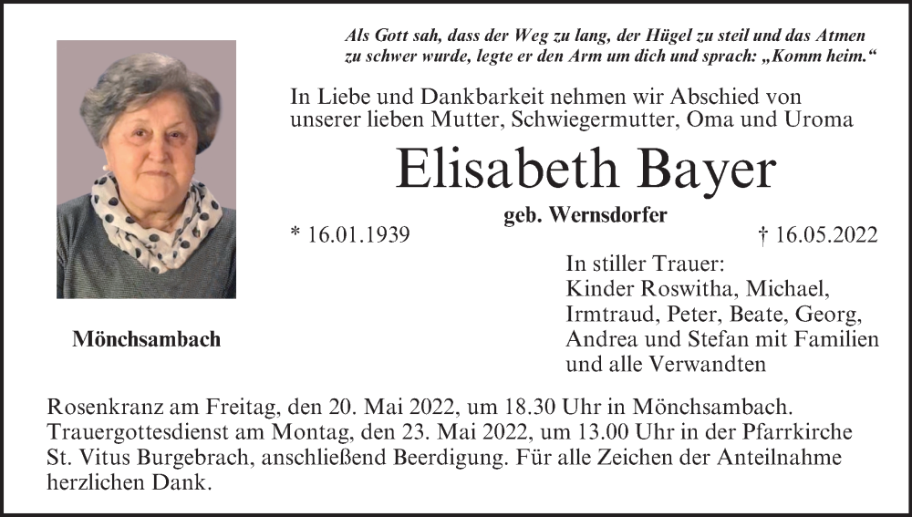  Traueranzeige für Elisabeth Bayer vom 20.05.2022 aus MGO