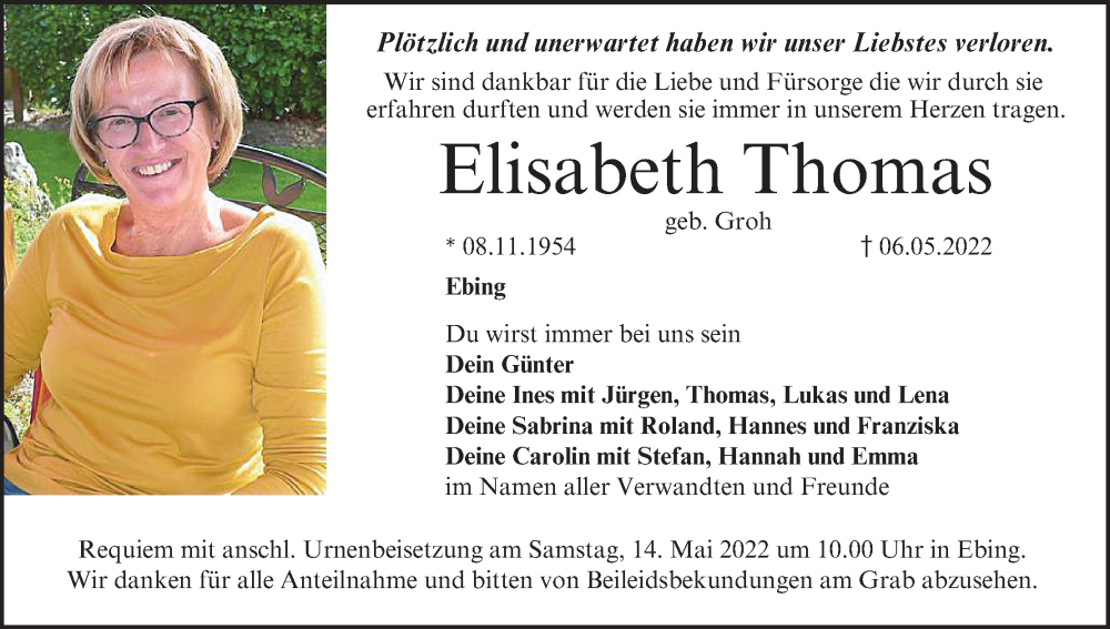  Traueranzeige für Elisabeth Thomas vom 10.05.2022 aus MGO