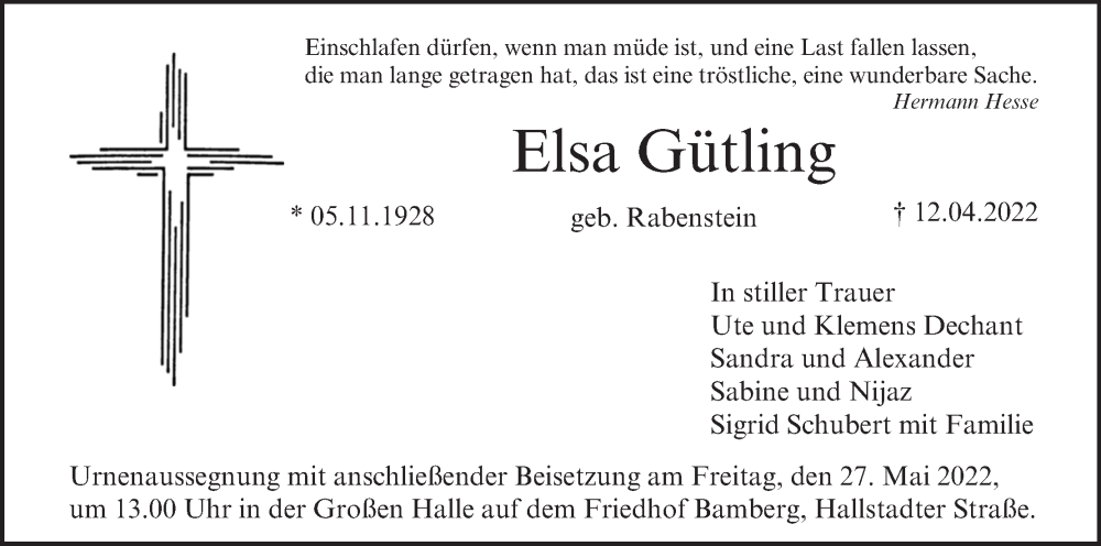  Traueranzeige für Elsa Gütling vom 21.05.2022 aus MGO