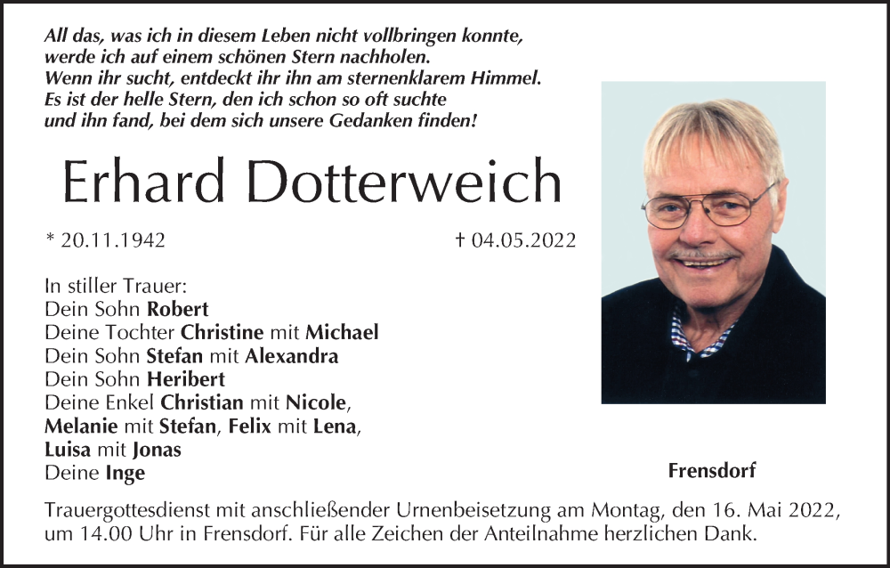  Traueranzeige für Erhard Dotterweich vom 13.05.2022 aus MGO