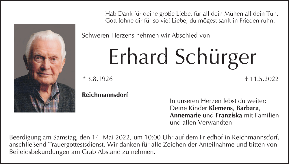  Traueranzeige für Erhard Schürger vom 13.05.2022 aus MGO