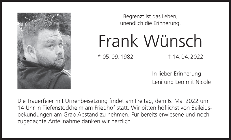  Traueranzeige für Frank Wünsch vom 30.04.2022 aus MGO