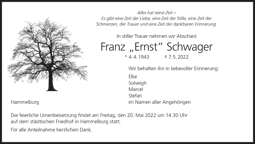  Traueranzeige für Franz Schwager vom 14.05.2022 aus MGO