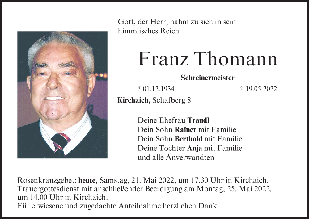  Traueranzeige für Franz Thomann vom 21.05.2022 aus MGO