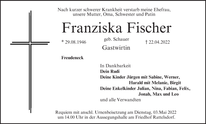 Traueranzeige für Franziska Fischer vom 30.04.2022 aus MGO