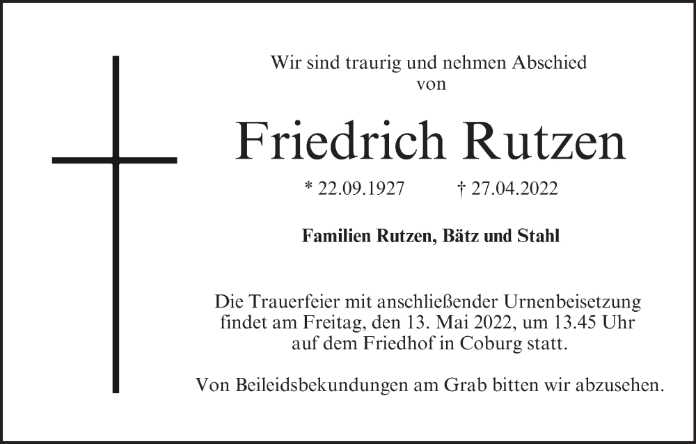  Traueranzeige für Friedrich Rutzen vom 07.05.2022 aus MGO
