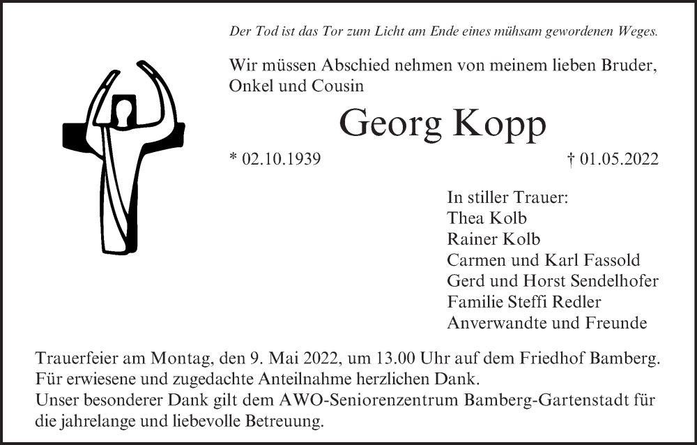  Traueranzeige für Georg Kopp vom 07.05.2022 aus MGO