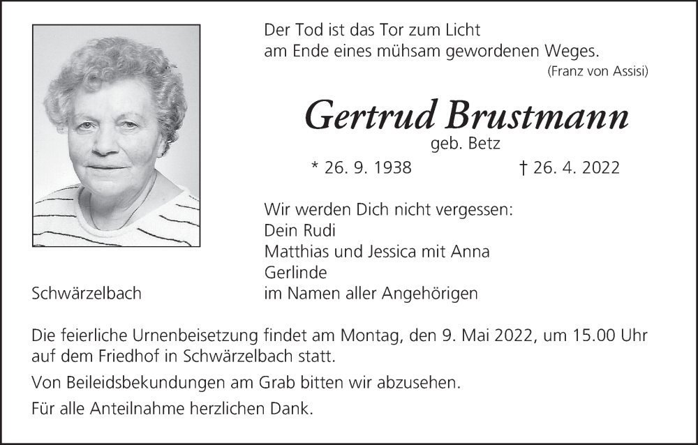  Traueranzeige für Gertrud Brustmann vom 06.05.2022 aus MGO