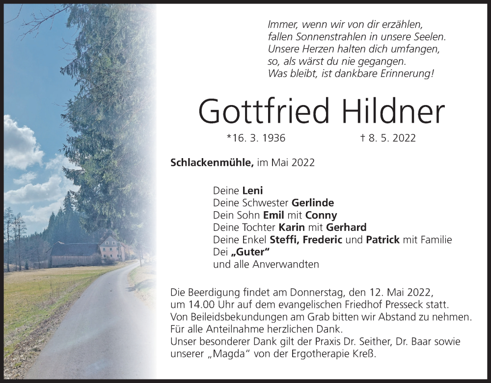  Traueranzeige für Gottfried Hildner vom 11.05.2022 aus MGO