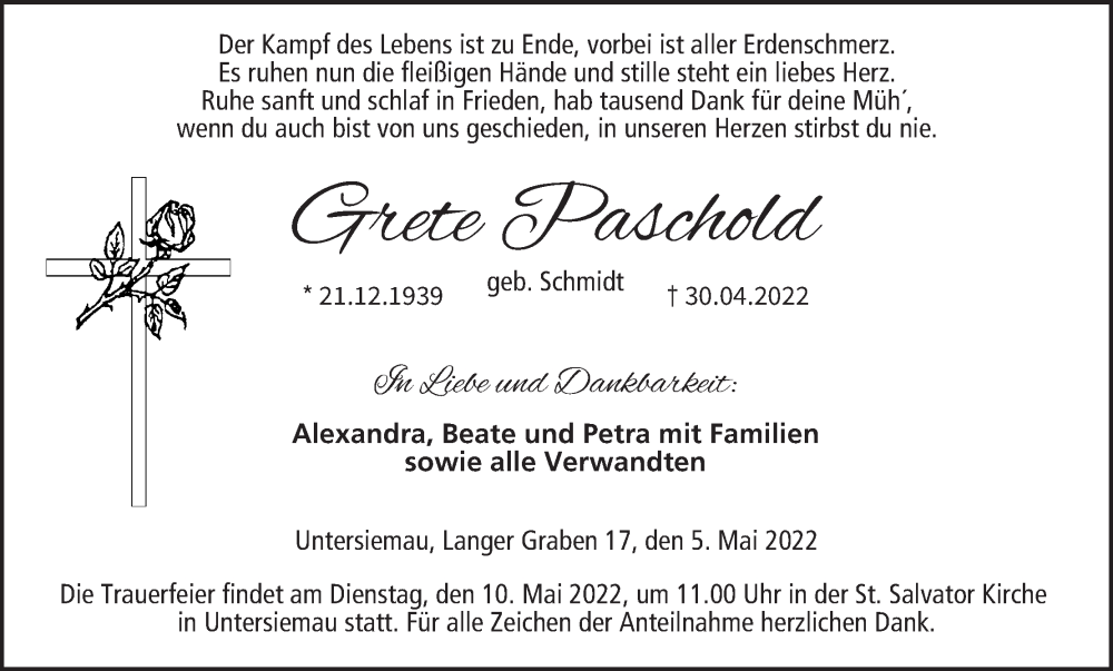  Traueranzeige für Grete Paschold vom 05.05.2022 aus MGO