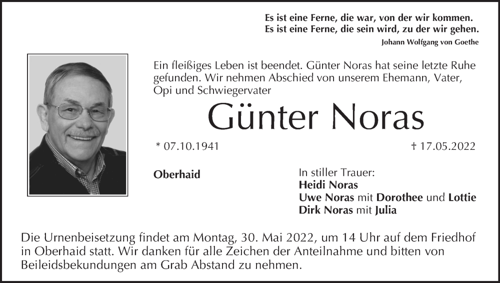  Traueranzeige für Günter Noras vom 21.05.2022 aus MGO