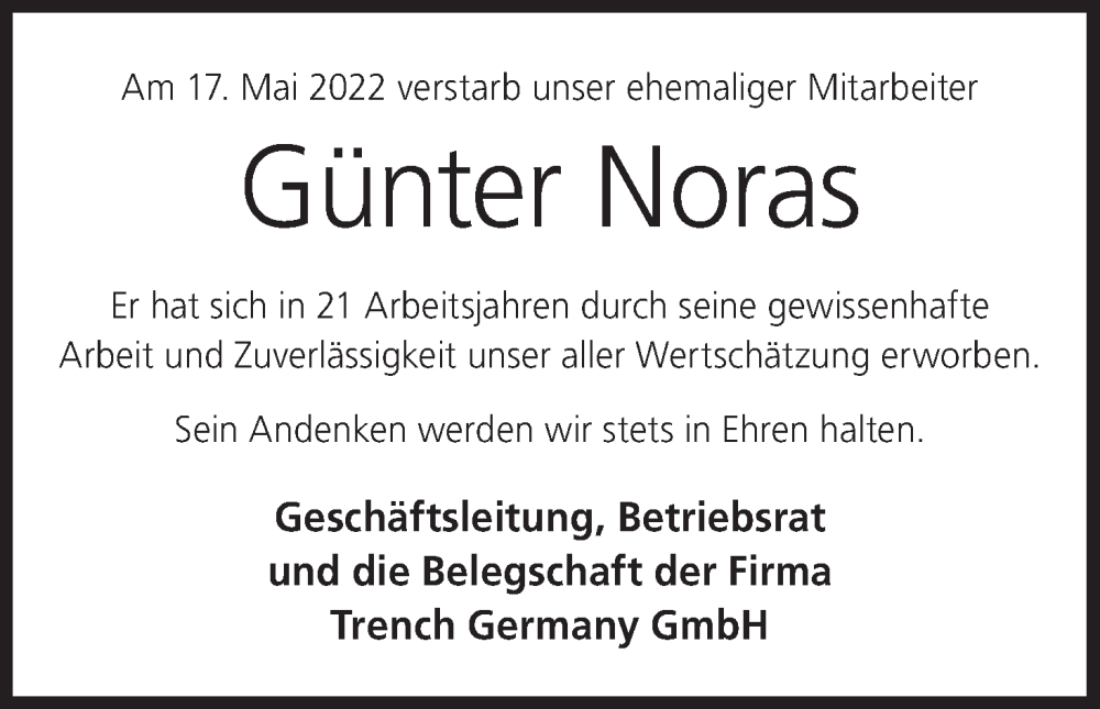  Traueranzeige für Günter Noras vom 28.05.2022 aus MGO