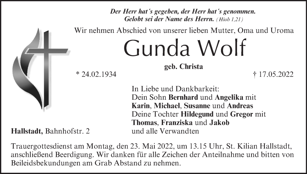  Traueranzeige für Gunda Wolf vom 19.05.2022 aus MGO