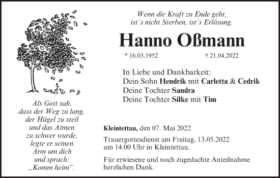 Anzeige von Hanno Oßmann von MGO