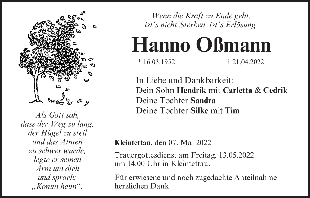  Traueranzeige für Hanno Oßmann vom 07.05.2022 aus MGO
