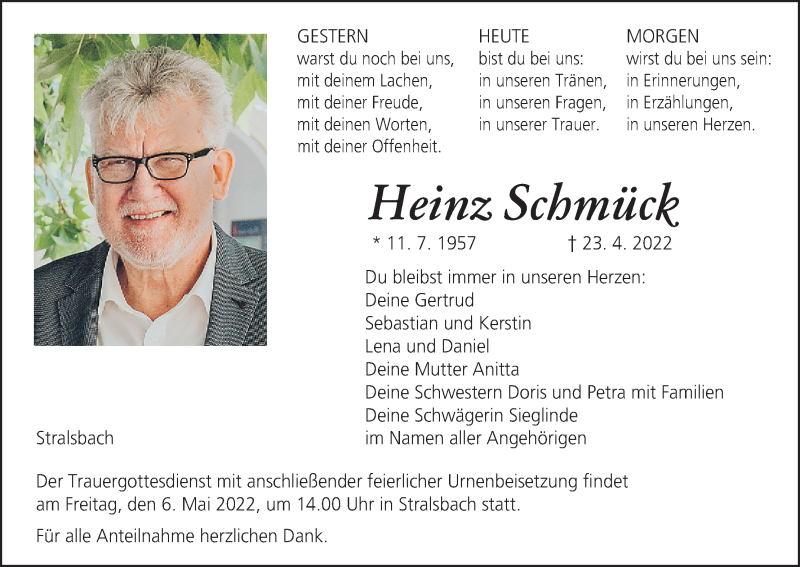  Traueranzeige für Heinz Schmück vom 30.04.2022 aus MGO