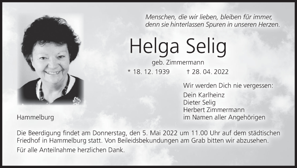  Traueranzeige für Helga Selig vom 03.05.2022 aus MGO
