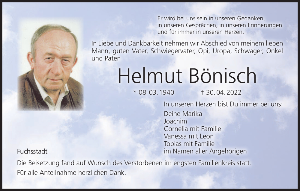  Traueranzeige für Helmut Bönisch vom 14.05.2022 aus MGO