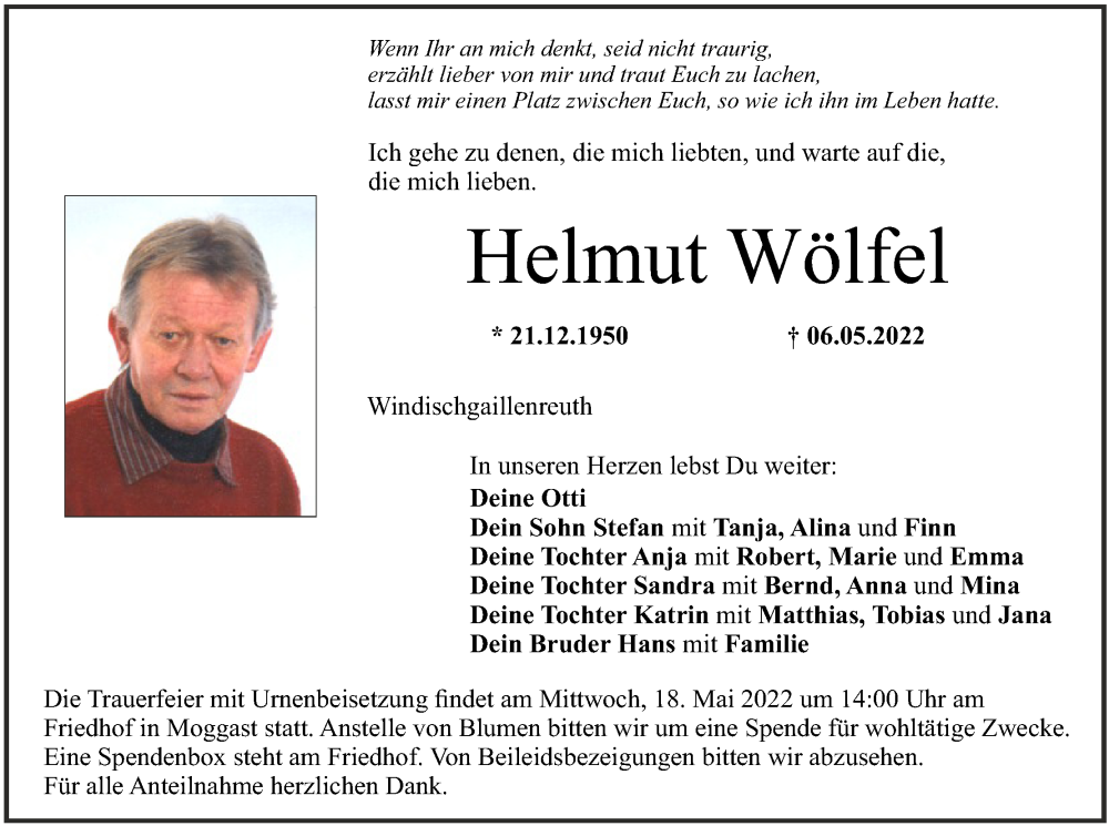  Traueranzeige für Helmut Wölfel vom 14.05.2022 aus MGO