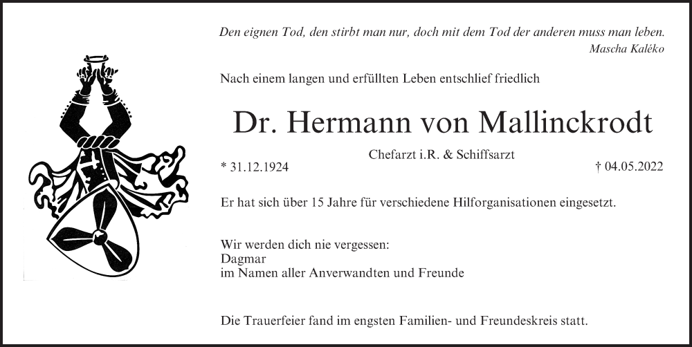  Traueranzeige für Hermann von Mallinckrodt vom 14.05.2022 aus MGO