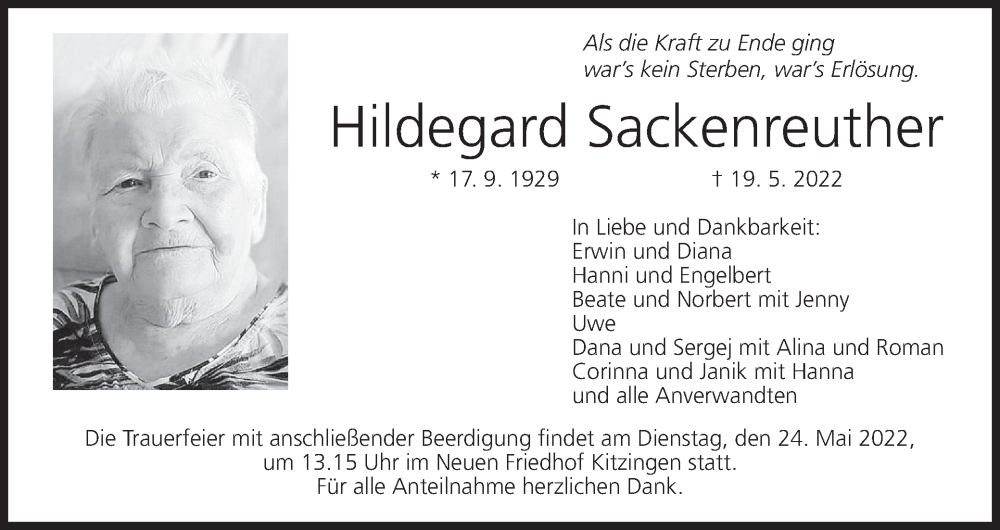  Traueranzeige für Hildegard Sackenreuther vom 21.05.2022 aus MGO