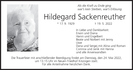 Anzeige von Hildegard Sackenreuther von MGO