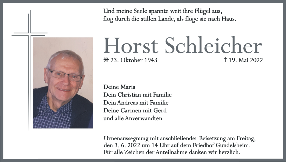  Traueranzeige für Horst Schleicher vom 28.05.2022 aus MGO