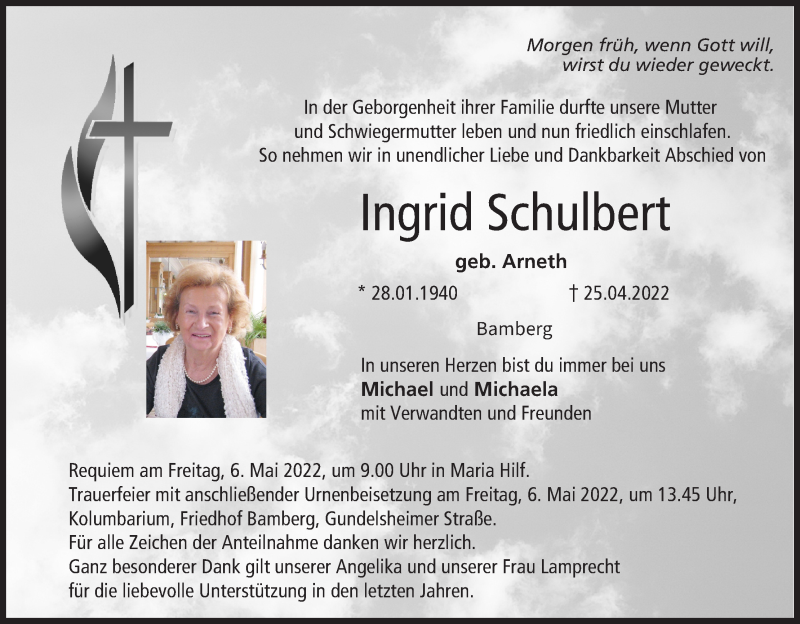  Traueranzeige für Ingrid Schulbert vom 30.04.2022 aus MGO