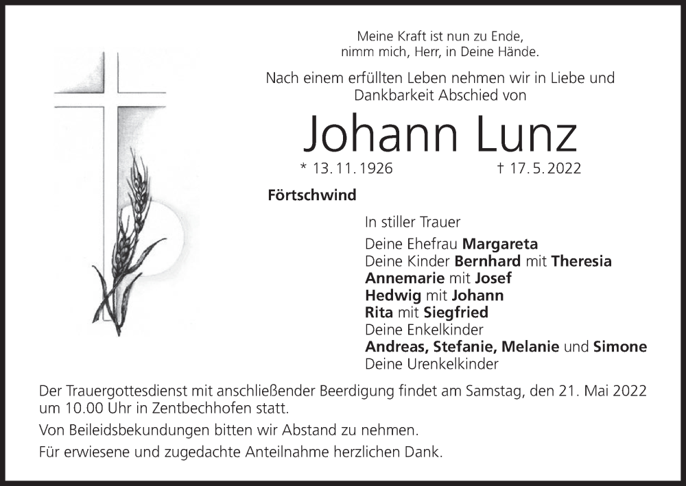  Traueranzeige für Johann Lunz vom 19.05.2022 aus MGO