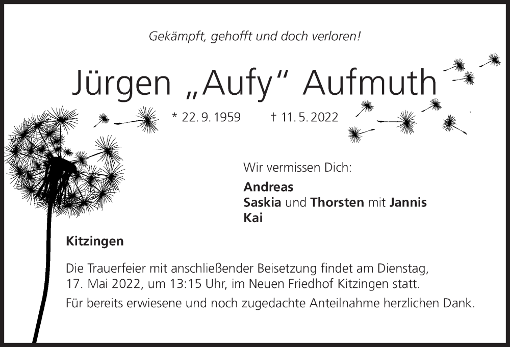  Traueranzeige für Jürgen Aufmutht vom 14.05.2022 aus MGO