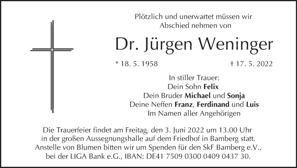  Traueranzeige für Jürgen Weninger vom 28.05.2022 aus MGO