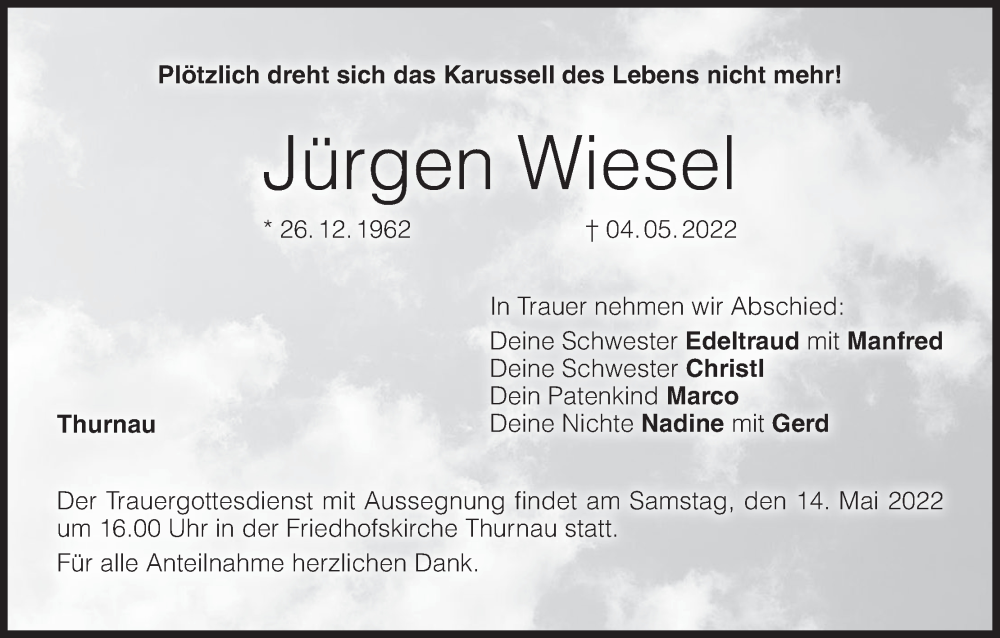  Traueranzeige für Jürgen Wiesel vom 10.05.2022 aus MGO
