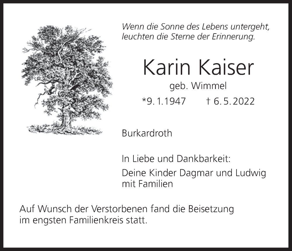  Traueranzeige für Karin Kaiser vom 28.05.2022 aus MGO