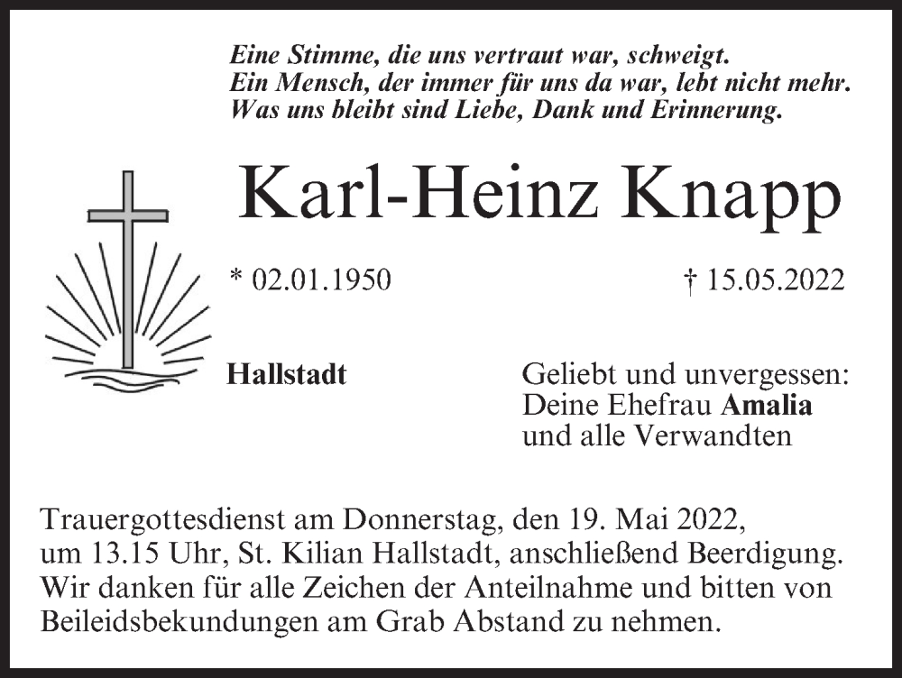 Traueranzeige für Karl-Heinz Knapp vom 17.05.2022 aus MGO