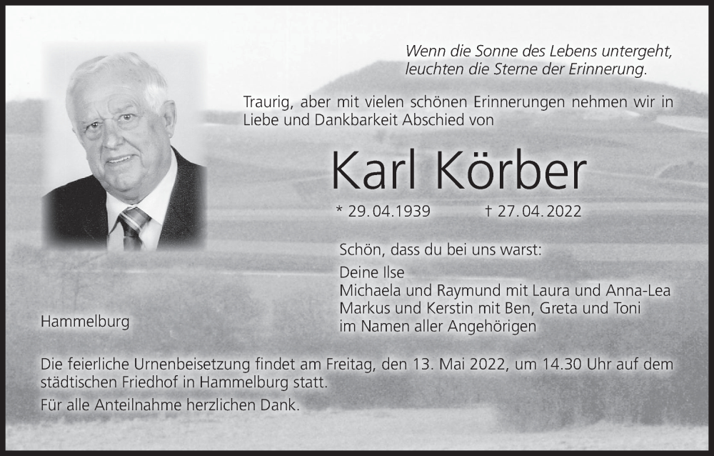  Traueranzeige für Karl Körber vom 07.05.2022 aus MGO