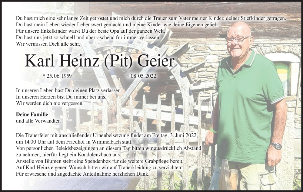  Traueranzeige für Karl Heinz Geier vom 28.05.2022 aus MGO