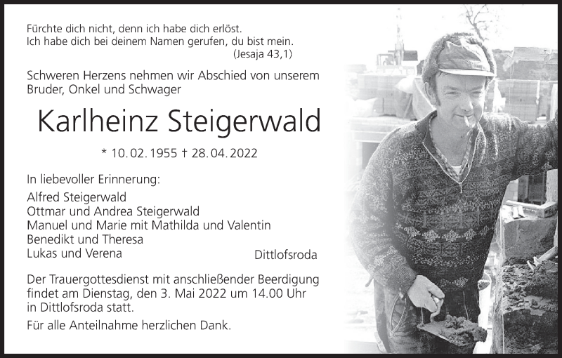  Traueranzeige für Karlheinz Steigerwald vom 30.04.2022 aus MGO