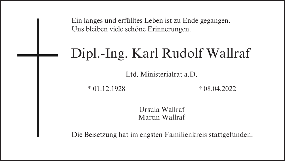  Traueranzeige für Karl Rudolf Wallraf vom 14.05.2022 aus MGO