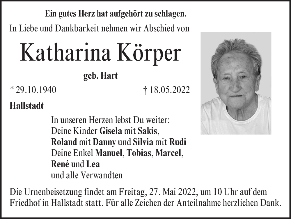  Traueranzeige für Katharina Körper vom 21.05.2022 aus MGO