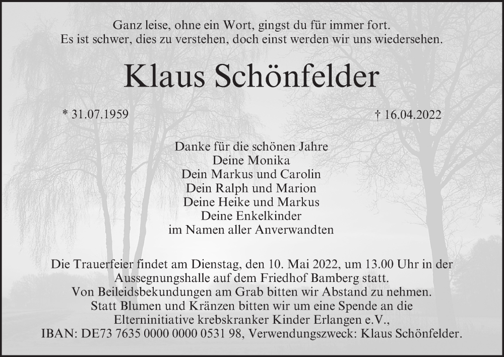 Traueranzeige für Klaus Schönfelder vom 07.05.2022 aus MGO