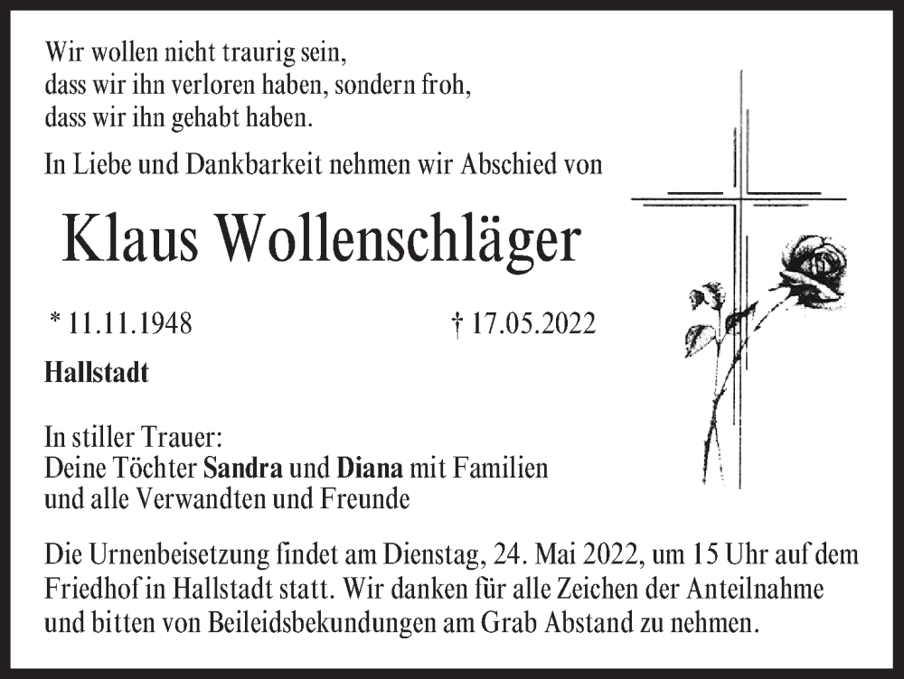  Traueranzeige für Klaus Wollenschläger vom 21.05.2022 aus MGO