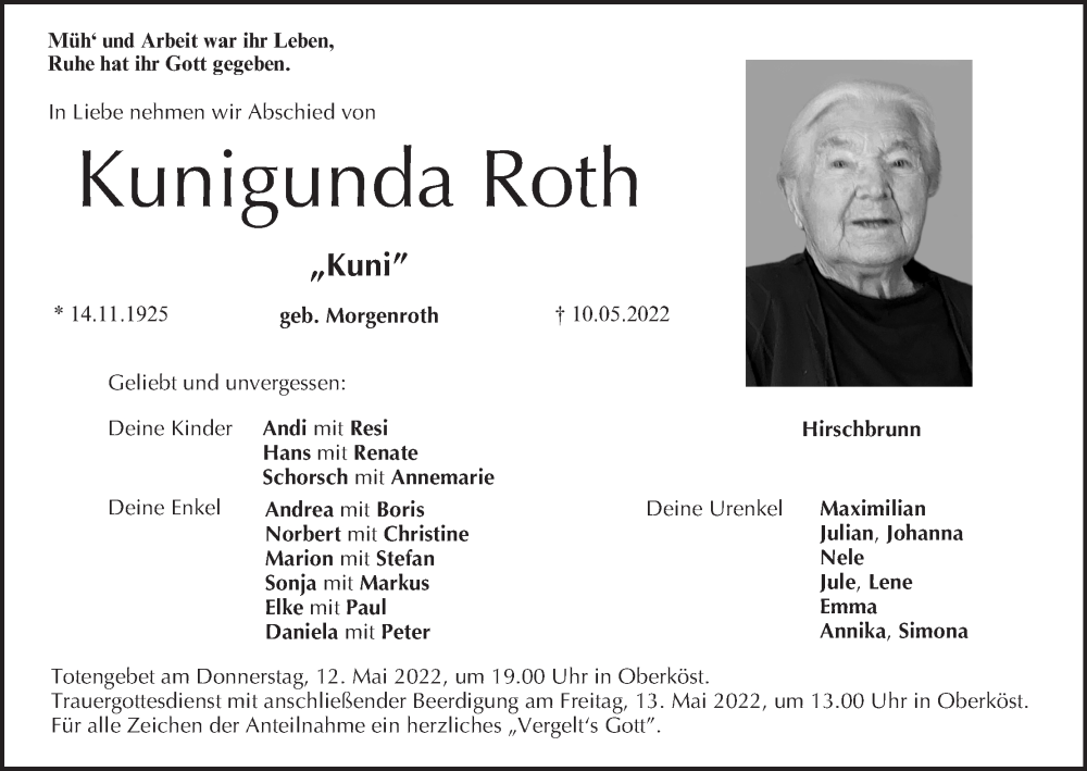  Traueranzeige für Kunigunda Roth vom 12.05.2022 aus MGO