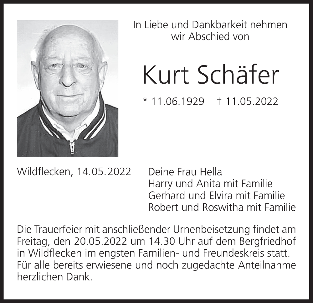  Traueranzeige für Kurt Schäfer vom 14.05.2022 aus MGO