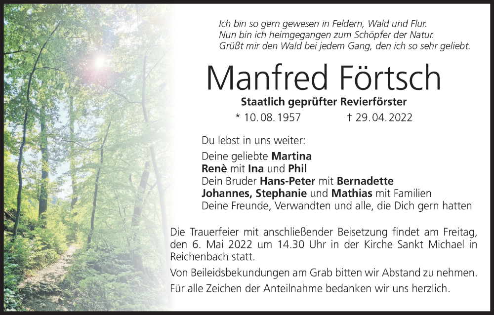  Traueranzeige für Manfred Förtsch vom 05.05.2022 aus MGO