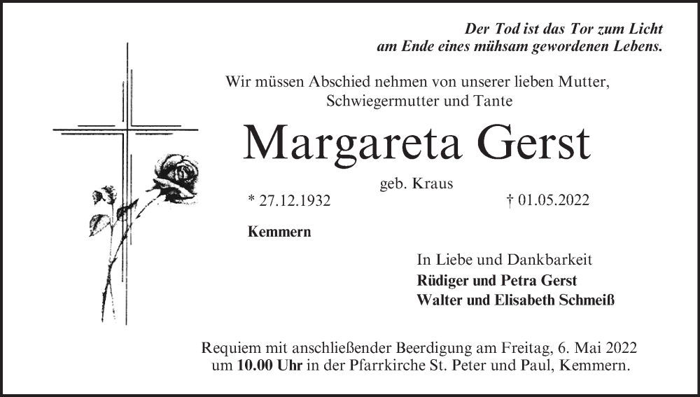  Traueranzeige für Margareta Gerst vom 03.05.2022 aus MGO