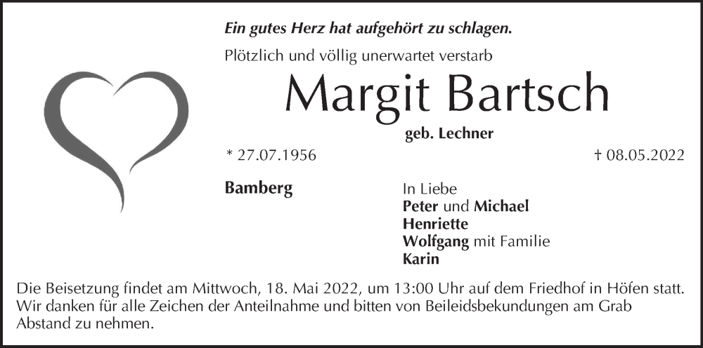  Traueranzeige für Margit Bartsch vom 14.05.2022 aus MGO